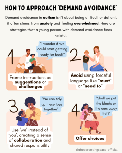 Demand avoidance in autism is not about being difficult or defiant. It often stems from anxiety and feeling overwhelmed. Helpful approaches include using “we” instead of “you” to create collaboration, framing instructions as suggestions or challenges, offering choices, and avoiding forceful language such as “must” or “need to.”