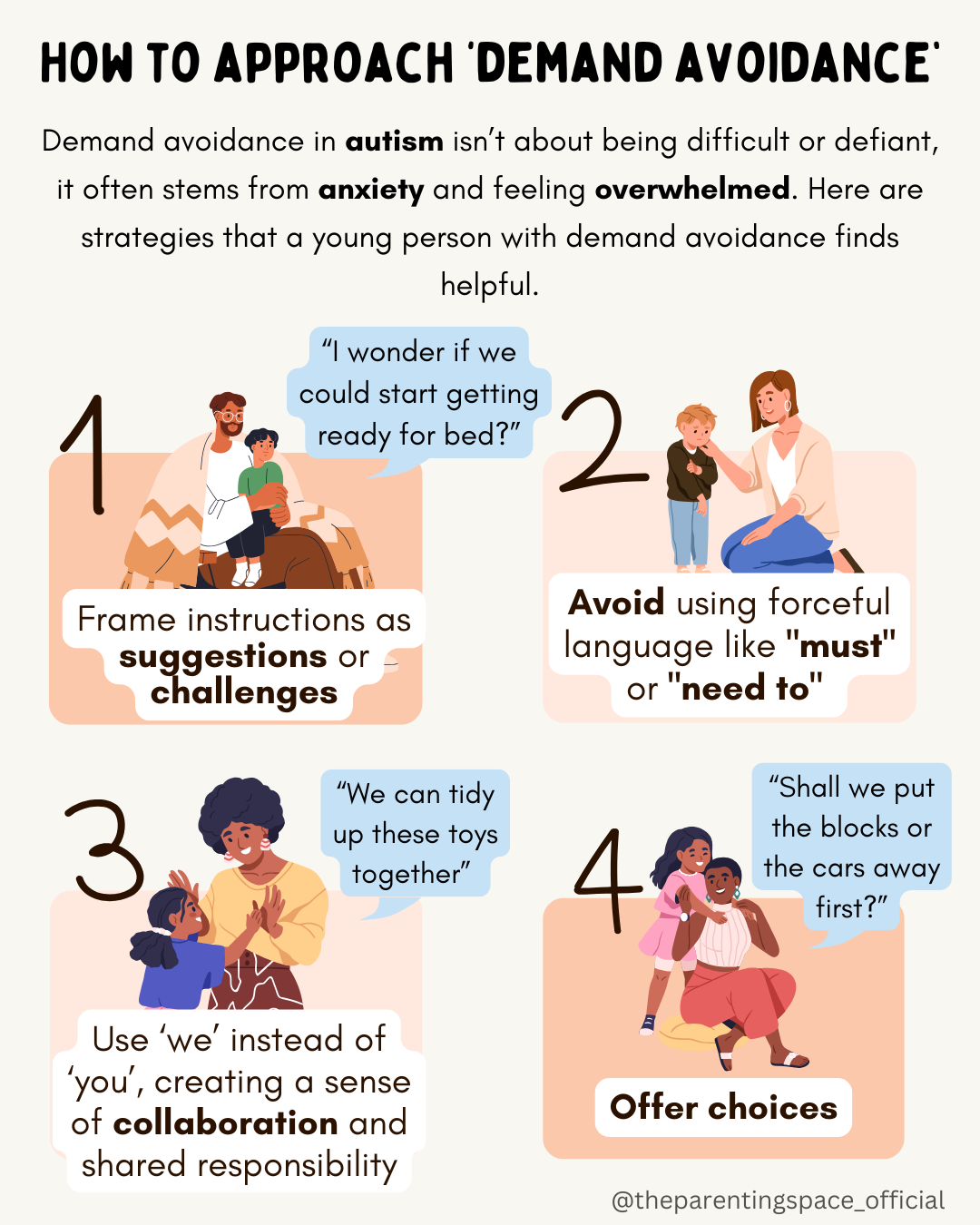 Demand avoidance in autism is not about being difficult or defiant. It often stems from anxiety and feeling overwhelmed. Helpful approaches include using “we” instead of “you” to create collaboration, framing instructions as suggestions or challenges, offering choices, and avoiding forceful language such as “must” or “need to.”